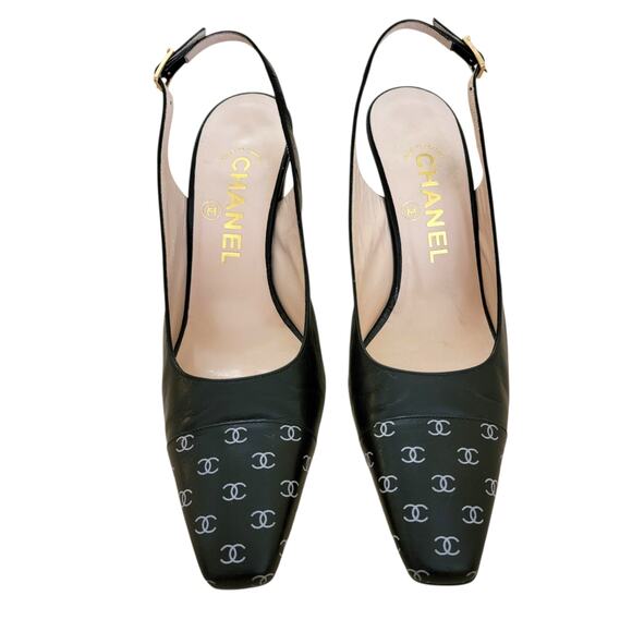 Chanel Vintage Square Toe Slingback Black CC Logo Leather Pumps Heels 6 36.5 - Picture 3 of 12